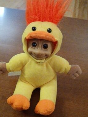 Vintage Russ Luv Pet Troll in Duck Costume 8" Plush Stuffed Animal Orange Hair